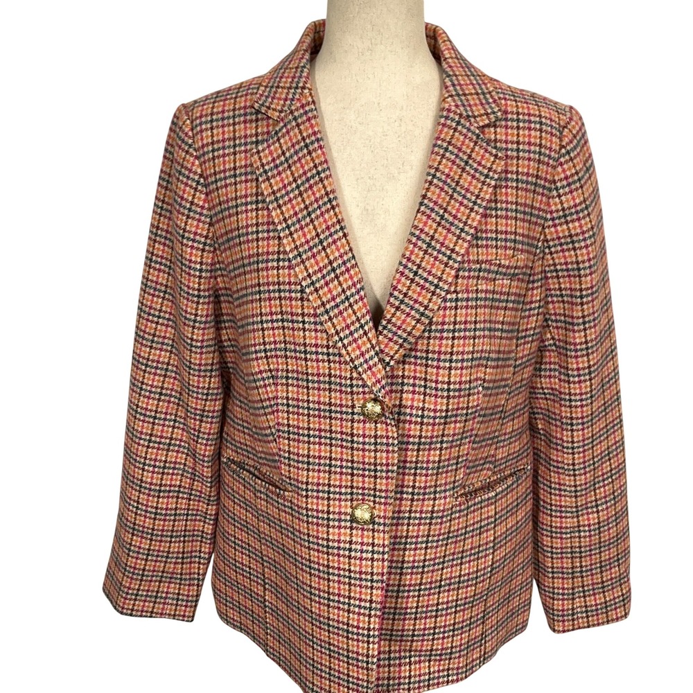 Talbots Blazer Womens 14 Pink Multi Houndstooth Plaid Gold Shield Wool Jacket